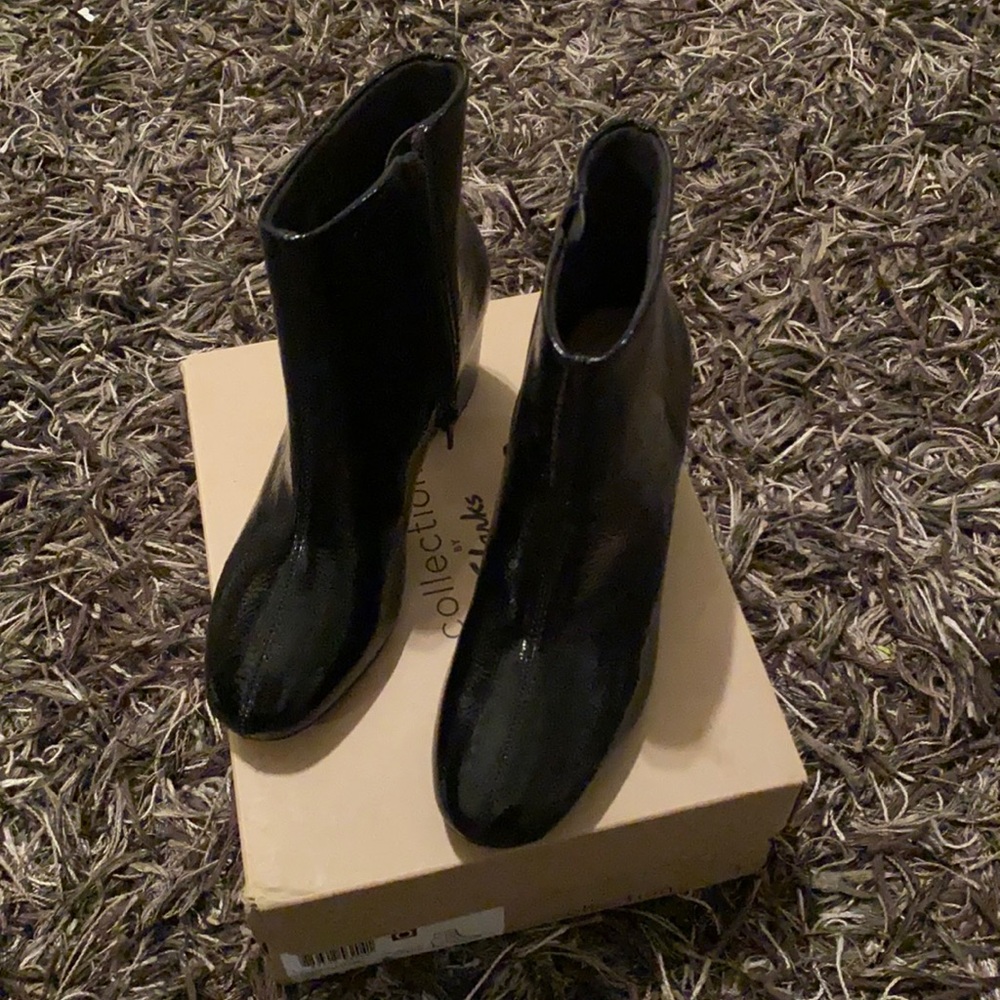 Clarks Black Patent Booties. Brand new and never worn. Still have the box.